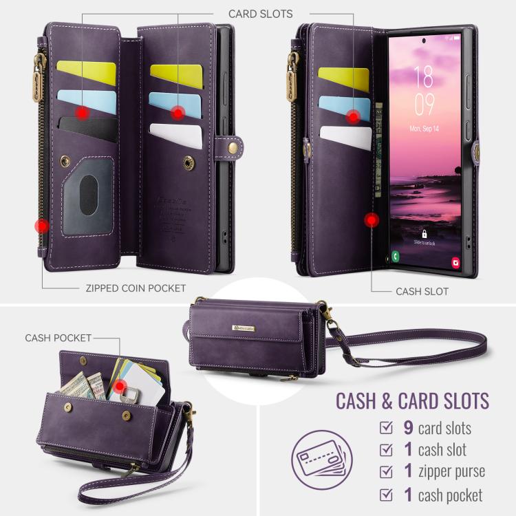 For Samsung Galaxy S23 Ultra 5G CaseMe C39 RFID Blocking Zipper Wallet Leather Phone Case with Crossbody Strap