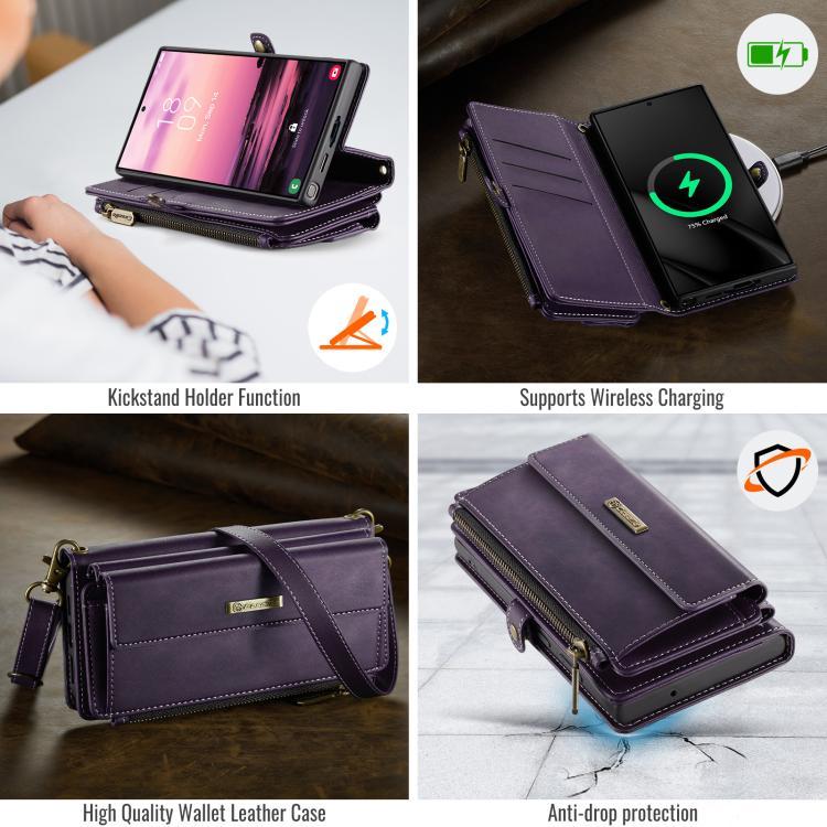 For Samsung Galaxy S23 Ultra 5G CaseMe C39 RFID Blocking Zipper Wallet Leather Phone Case with Crossbody Strap