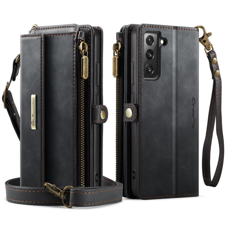 For Samsung Galaxy S22 5G CaseMe C39 RFID Blocking Zipper Wallet Leather Phone Case with Crossbody Strap