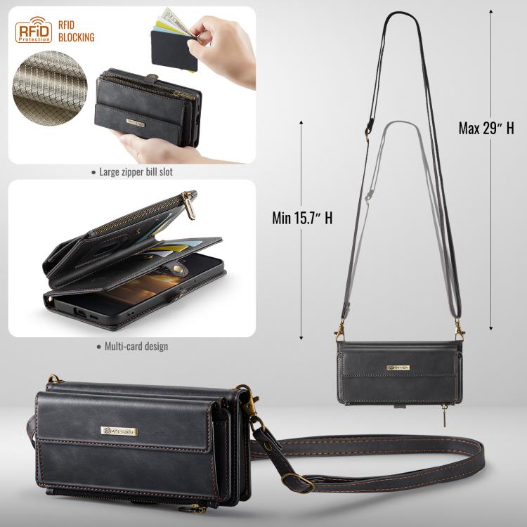 For Samsung Galaxy S22 5G CaseMe C39 RFID Blocking Zipper Wallet Leather Phone Case with Crossbody Strap