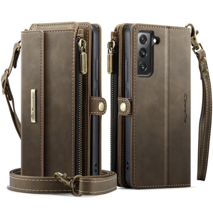 For Samsung Galaxy S22 5G CaseMe C39 RFID Blocking Zipper Wallet Leather Phone Case with Crossbody Strap