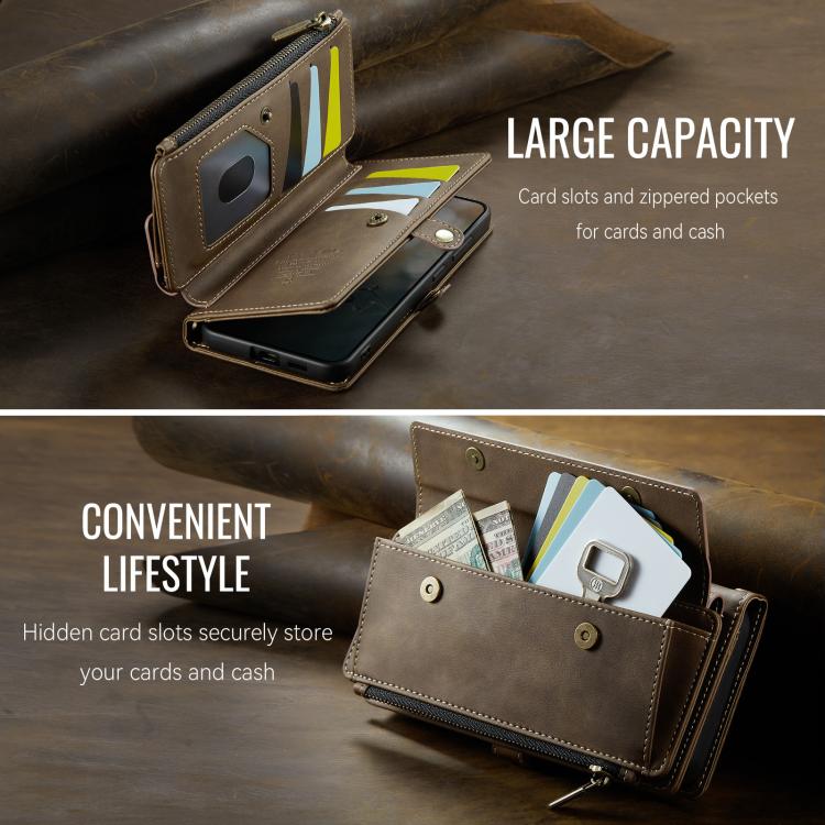 For Samsung Galaxy S22 5G CaseMe C39 RFID Blocking Zipper Wallet Leather Phone Case with Crossbody Strap