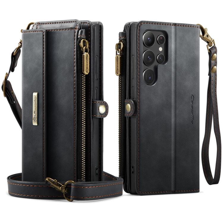 For Samsung Galaxy S22 Ultra 5G CaseMe C39 RFID Blocking Zipper Wallet Leather Phone Case with Crossbody Strap