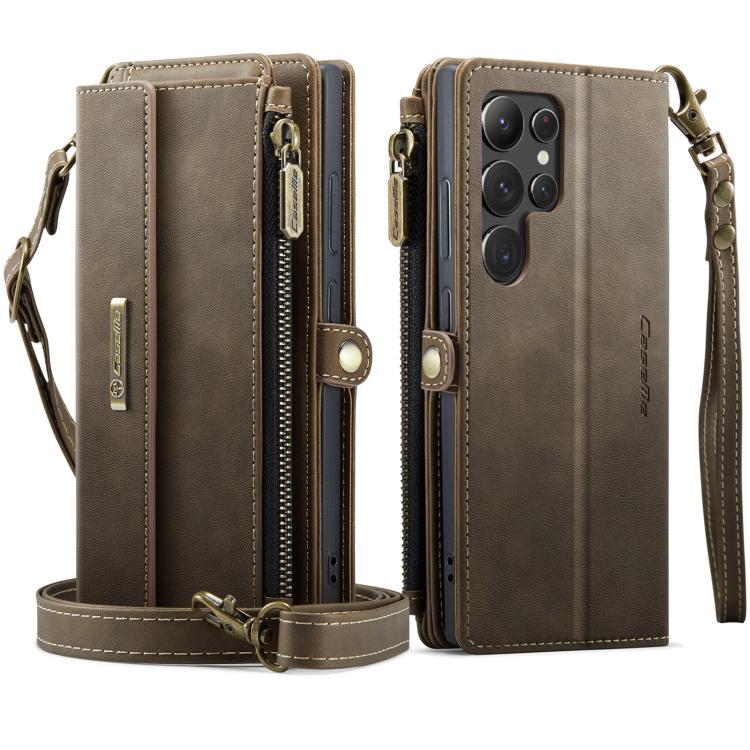 For Samsung Galaxy S22 Ultra 5G CaseMe C39 RFID Blocking Zipper Wallet Leather Phone Case with Crossbody Strap