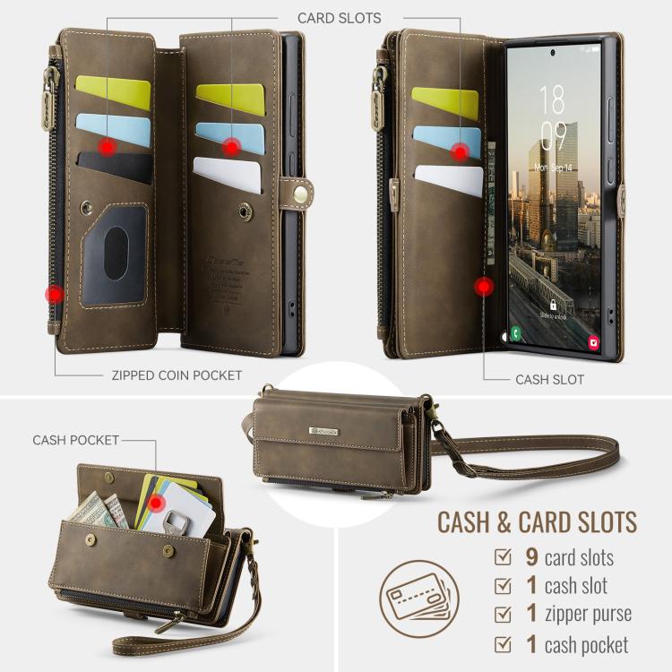 For Samsung Galaxy S22 Ultra 5G CaseMe C39 RFID Blocking Zipper Wallet Leather Phone Case with Crossbody Strap