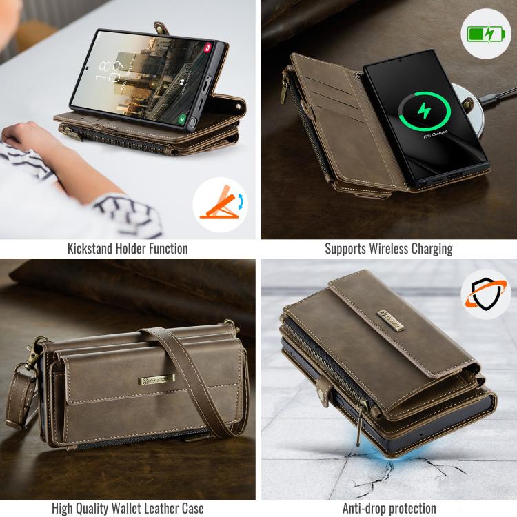 For Samsung Galaxy S22 Ultra 5G CaseMe C39 RFID Blocking Zipper Wallet Leather Phone Case with Crossbody Strap