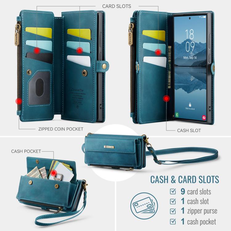 For Samsung Galaxy S22 Ultra 5G CaseMe C39 RFID Blocking Zipper Wallet Leather Phone Case with Crossbody Strap