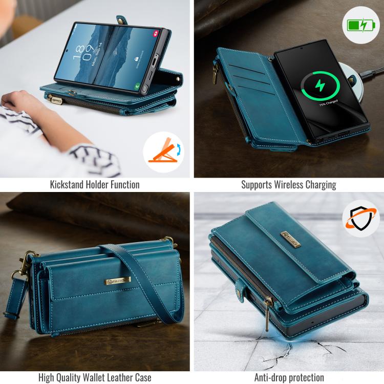 For Samsung Galaxy S22 Ultra 5G CaseMe C39 RFID Blocking Zipper Wallet Leather Phone Case with Crossbody Strap
