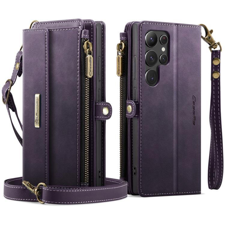 For Samsung Galaxy S22 Ultra 5G CaseMe C39 RFID Blocking Zipper Wallet Leather Phone Case with Crossbody Strap