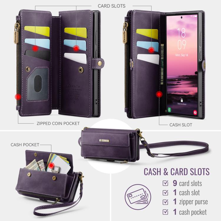 For Samsung Galaxy S22 Ultra 5G CaseMe C39 RFID Blocking Zipper Wallet Leather Phone Case with Crossbody Strap