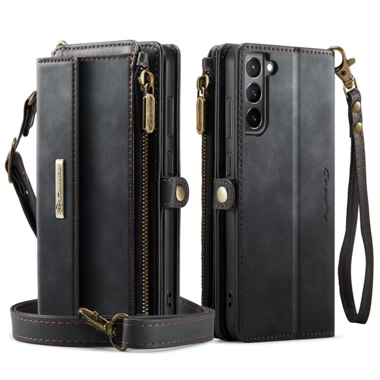 For Samsung Galaxy S21 5G CaseMe C39 RFID Blocking Zipper Wallet Leather Phone Case with Crossbody Strap