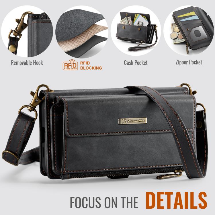 For Samsung Galaxy S21 5G CaseMe C39 RFID Blocking Zipper Wallet Leather Phone Case with Crossbody Strap