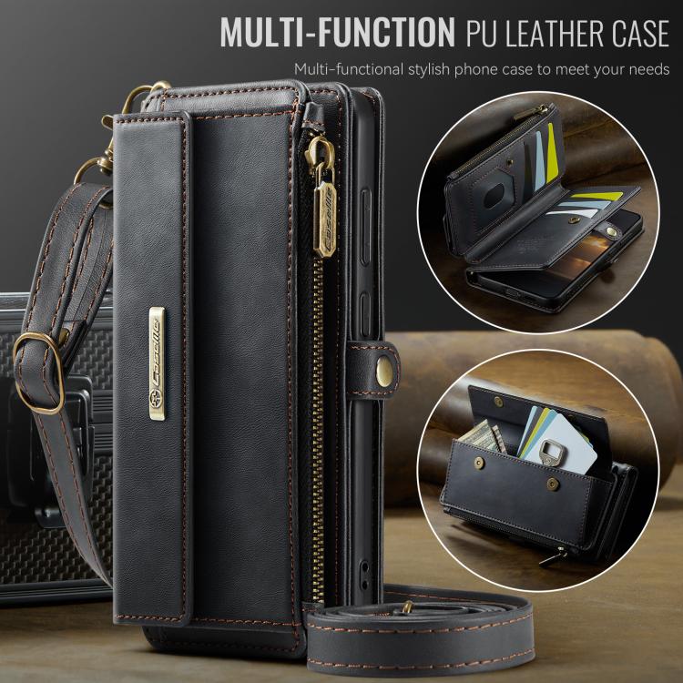 For Samsung Galaxy S21 5G CaseMe C39 RFID Blocking Zipper Wallet Leather Phone Case with Crossbody Strap