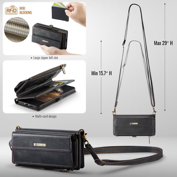 For Samsung Galaxy S21 5G CaseMe C39 RFID Blocking Zipper Wallet Leather Phone Case with Crossbody Strap
