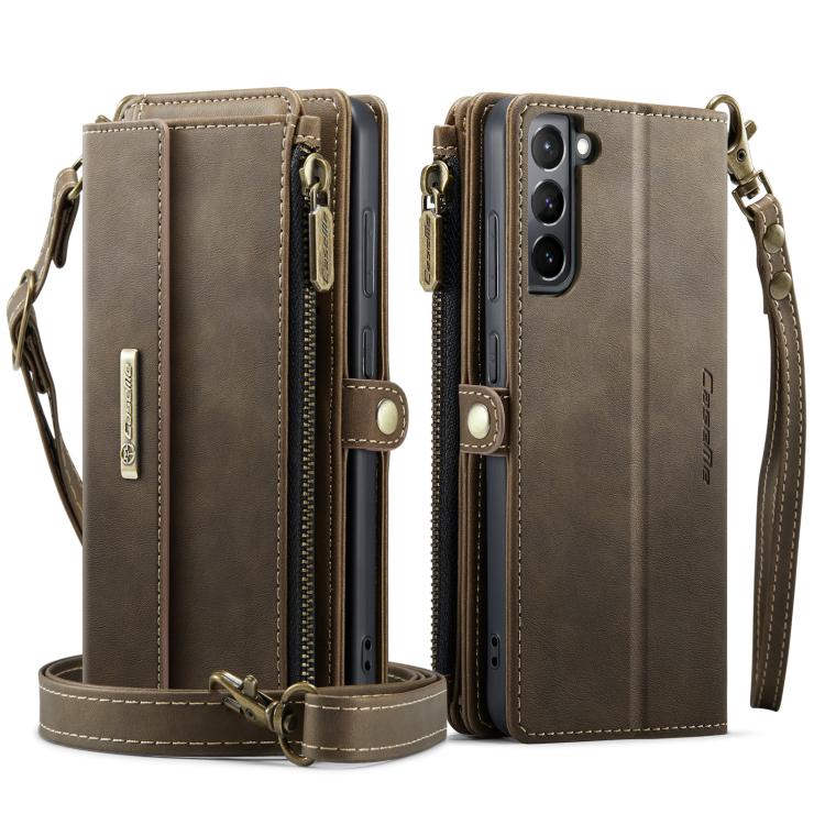 For Samsung Galaxy S21 5G CaseMe C39 RFID Blocking Zipper Wallet Leather Phone Case with Crossbody Strap