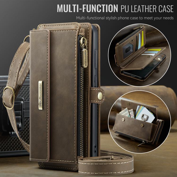 For Samsung Galaxy S21 5G CaseMe C39 RFID Blocking Zipper Wallet Leather Phone Case with Crossbody Strap