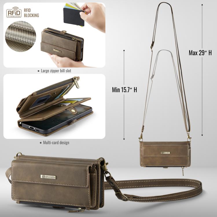 For Samsung Galaxy S21 5G CaseMe C39 RFID Blocking Zipper Wallet Leather Phone Case with Crossbody Strap