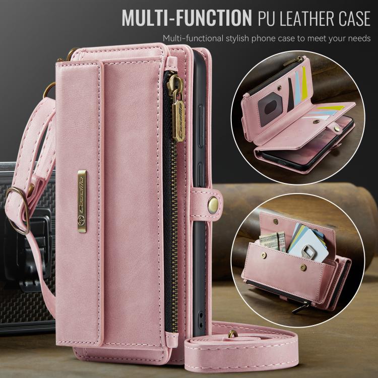 For Samsung Galaxy S21 5G CaseMe C39 RFID Blocking Zipper Wallet Leather Phone Case with Crossbody Strap