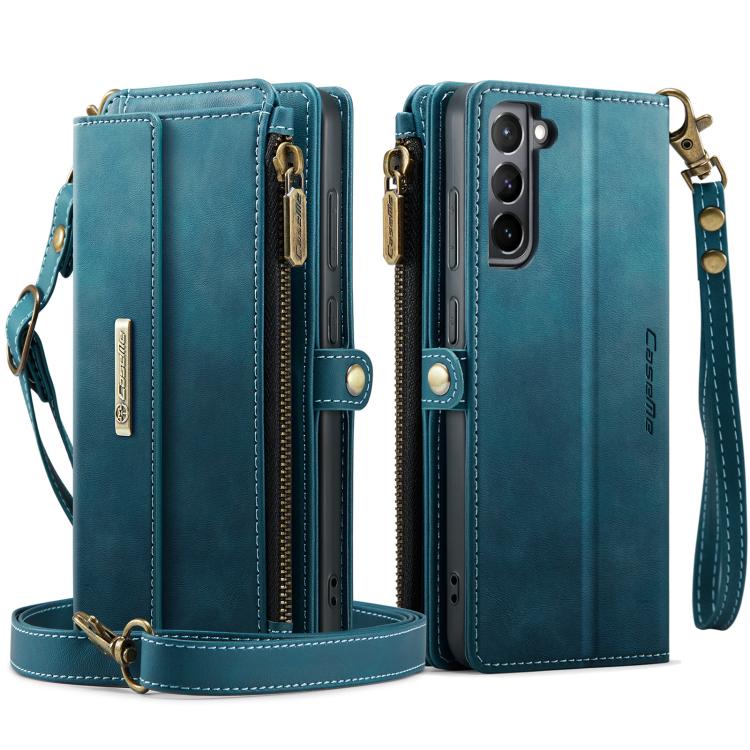 For Samsung Galaxy S21 5G CaseMe C39 RFID Blocking Zipper Wallet Leather Phone Case with Crossbody Strap