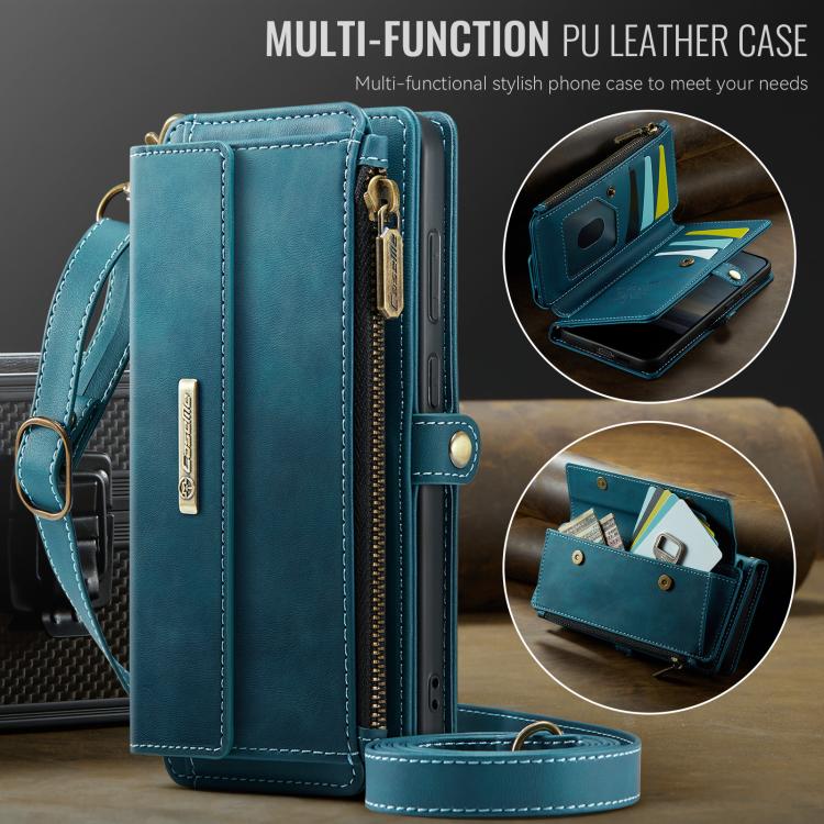 For Samsung Galaxy S21 5G CaseMe C39 RFID Blocking Zipper Wallet Leather Phone Case with Crossbody Strap