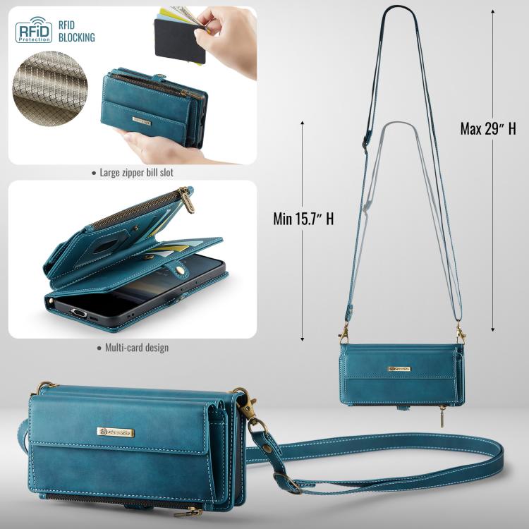 For Samsung Galaxy S21 5G CaseMe C39 RFID Blocking Zipper Wallet Leather Phone Case with Crossbody Strap
