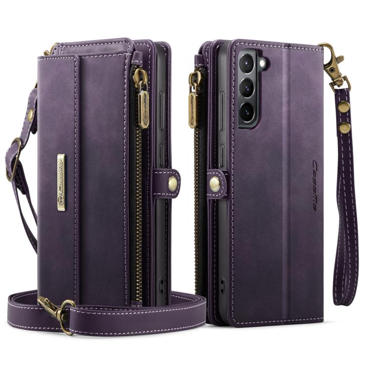 For Samsung Galaxy S21 5G CaseMe C39 RFID Blocking Zipper Wallet Leather Phone Case with Crossbody Strap
