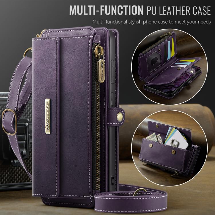 For Samsung Galaxy S21 5G CaseMe C39 RFID Blocking Zipper Wallet Leather Phone Case with Crossbody Strap