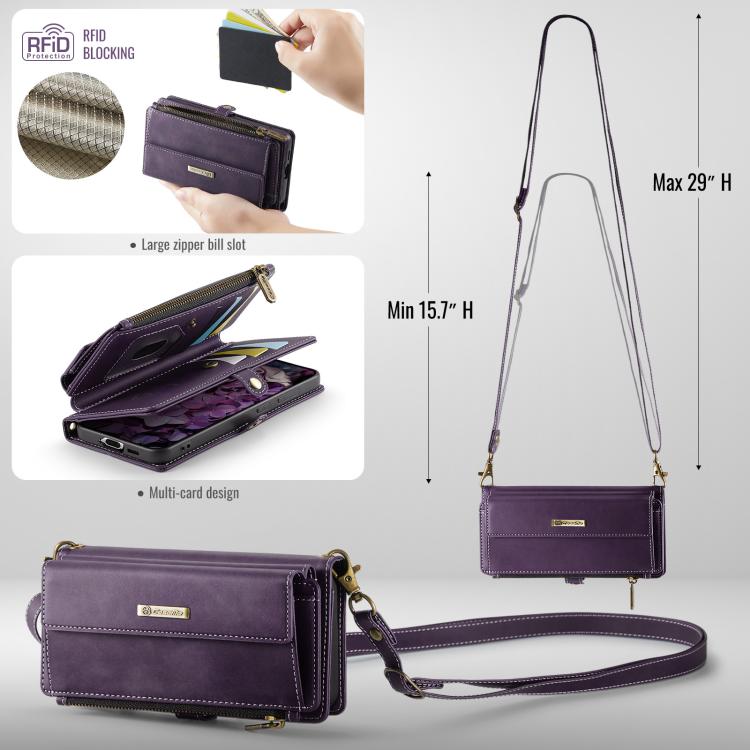 For Samsung Galaxy S21 5G CaseMe C39 RFID Blocking Zipper Wallet Leather Phone Case with Crossbody Strap