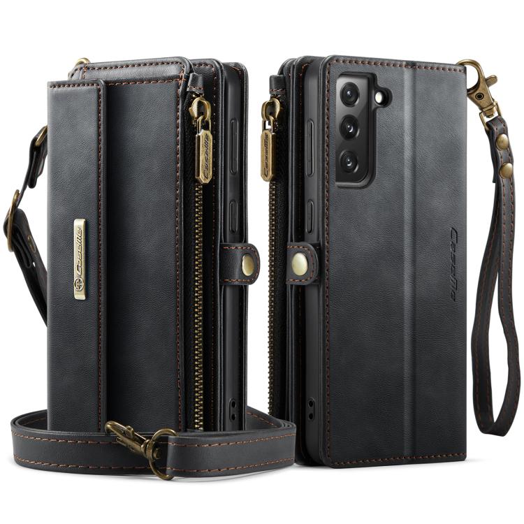 For Samsung Galaxy S21 FE 5G CaseMe C39 RFID Blocking Zipper Wallet Leather Phone Case with Crossbody Strap