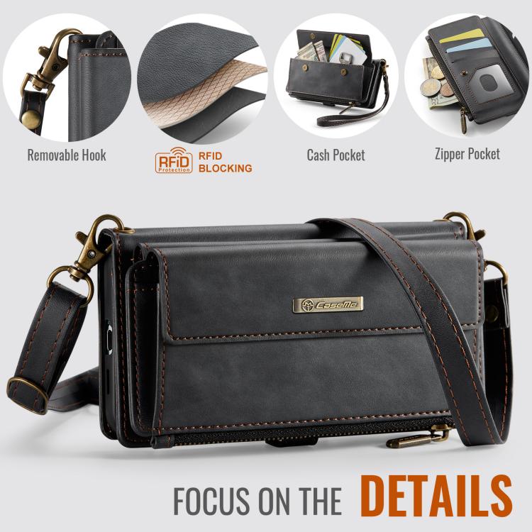 For Samsung Galaxy S21 FE 5G CaseMe C39 RFID Blocking Zipper Wallet Leather Phone Case with Crossbody Strap