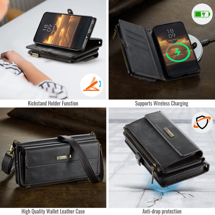 For Samsung Galaxy S21 FE 5G CaseMe C39 RFID Blocking Zipper Wallet Leather Phone Case with Crossbody Strap