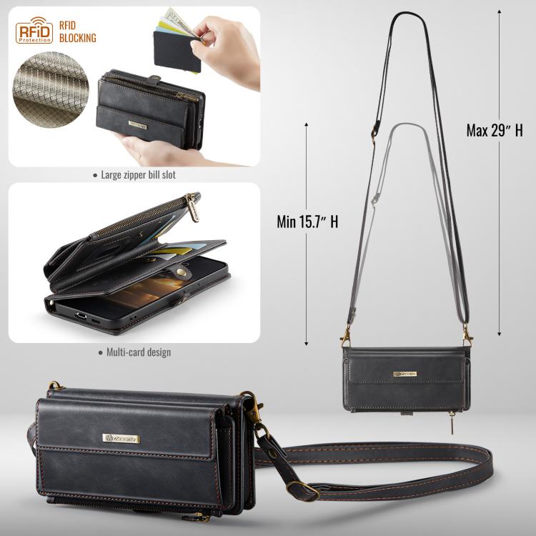 For Samsung Galaxy S21 FE 5G CaseMe C39 RFID Blocking Zipper Wallet Leather Phone Case with Crossbody Strap