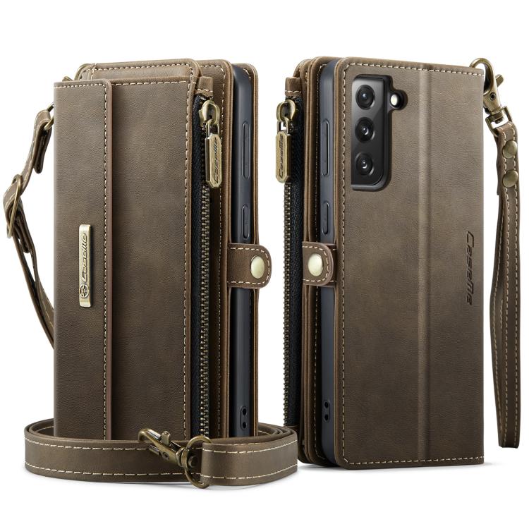 For Samsung Galaxy S21 FE 5G CaseMe C39 RFID Blocking Zipper Wallet Leather Phone Case with Crossbody Strap