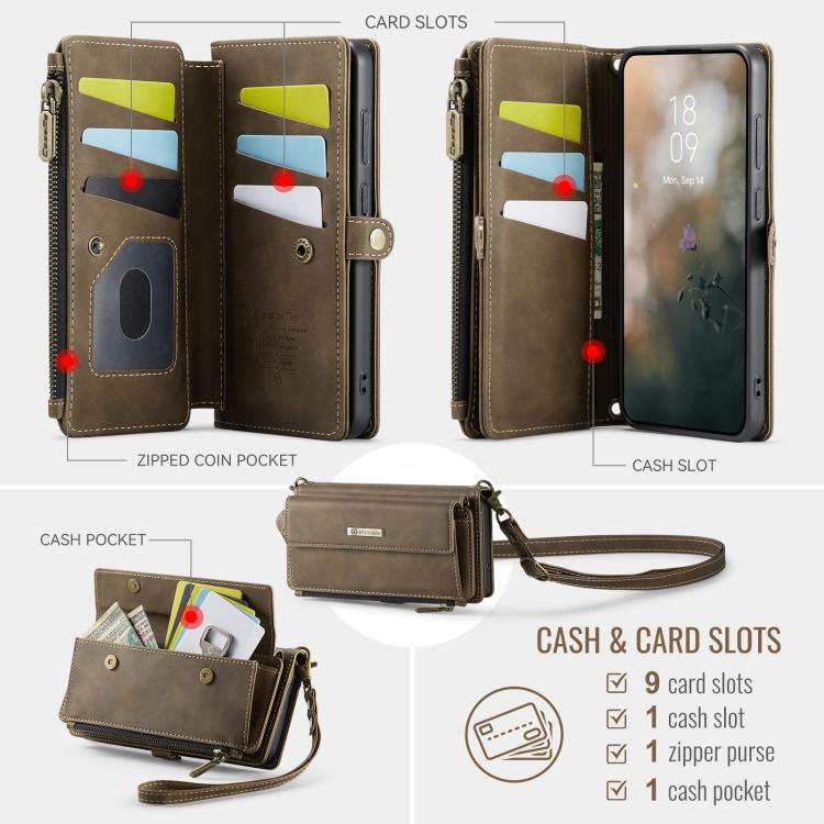 For Samsung Galaxy S21 FE 5G CaseMe C39 RFID Blocking Zipper Wallet Leather Phone Case with Crossbody Strap