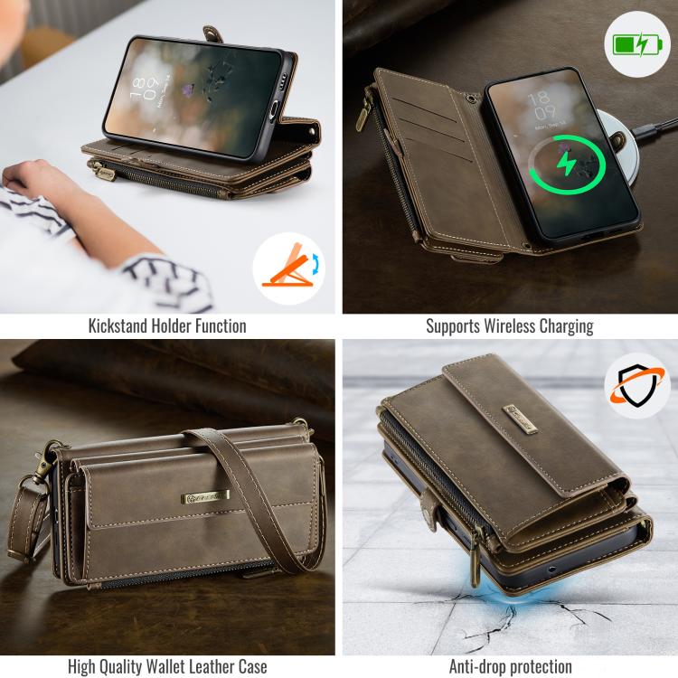 For Samsung Galaxy S21 FE 5G CaseMe C39 RFID Blocking Zipper Wallet Leather Phone Case with Crossbody Strap