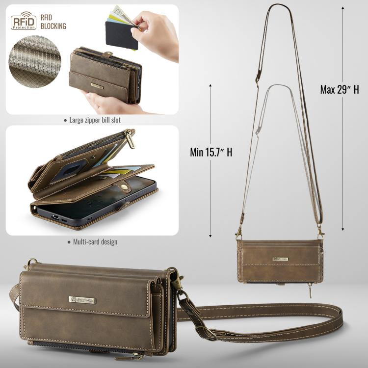 For Samsung Galaxy S21 FE 5G CaseMe C39 RFID Blocking Zipper Wallet Leather Phone Case with Crossbody Strap