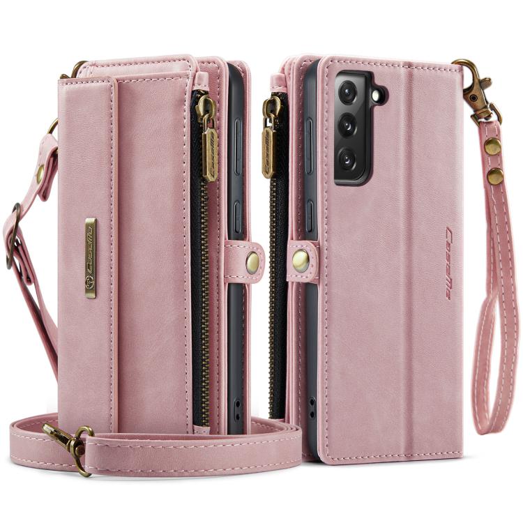 For Samsung Galaxy S21 FE 5G CaseMe C39 RFID Blocking Zipper Wallet Leather Phone Case with Crossbody Strap
