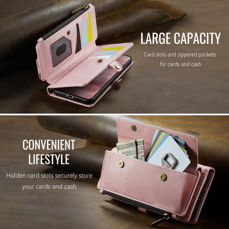 For Samsung Galaxy S21 FE 5G CaseMe C39 RFID Blocking Zipper Wallet Leather Phone Case with Crossbody Strap