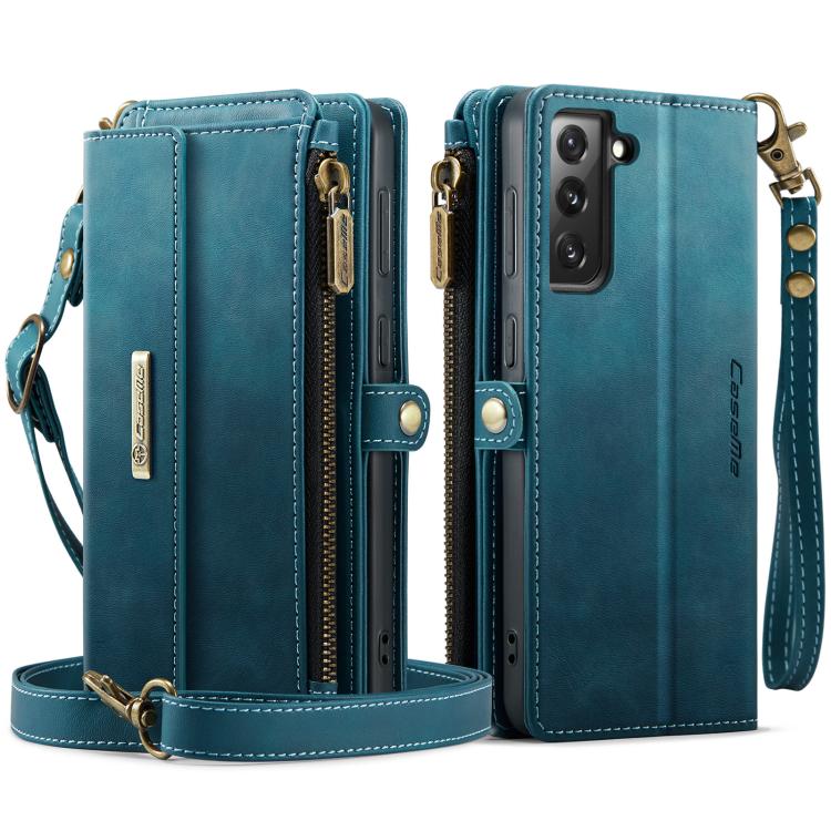 For Samsung Galaxy S21 FE 5G CaseMe C39 RFID Blocking Zipper Wallet Leather Phone Case with Crossbody Strap