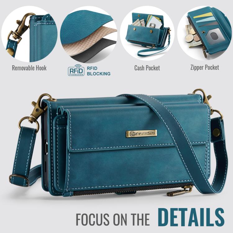 For Samsung Galaxy S21 FE 5G CaseMe C39 RFID Blocking Zipper Wallet Leather Phone Case with Crossbody Strap