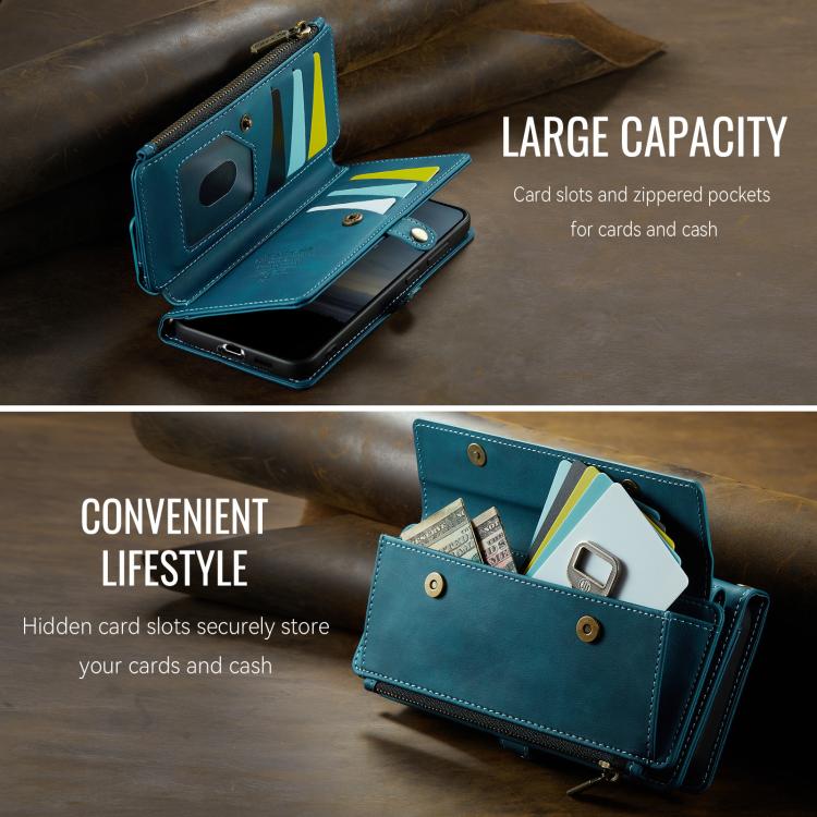 For Samsung Galaxy S21 FE 5G CaseMe C39 RFID Blocking Zipper Wallet Leather Phone Case with Crossbody Strap