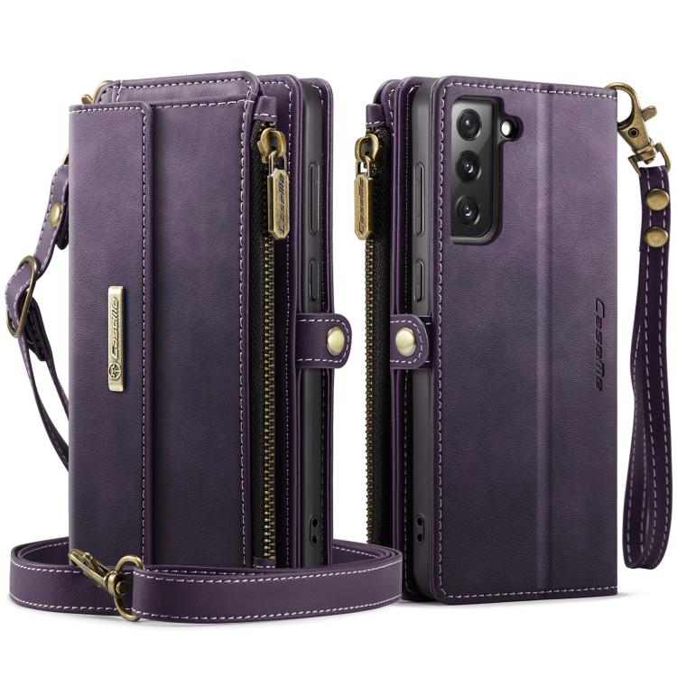 For Samsung Galaxy S21 FE 5G CaseMe C39 RFID Blocking Zipper Wallet Leather Phone Case with Crossbody Strap