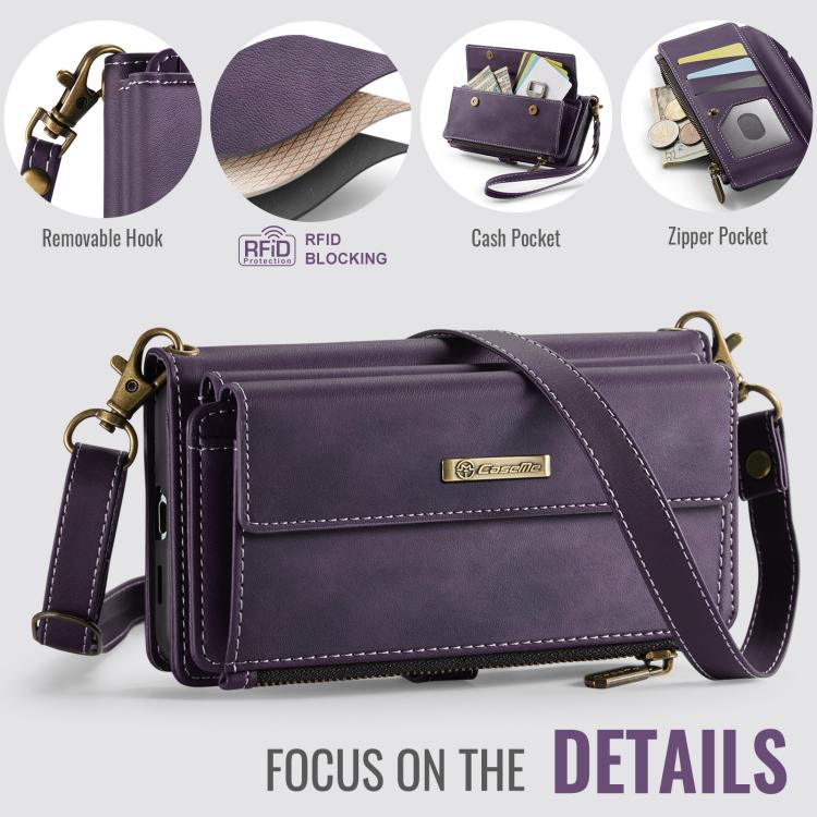 For Samsung Galaxy S21 FE 5G CaseMe C39 RFID Blocking Zipper Wallet Leather Phone Case with Crossbody Strap
