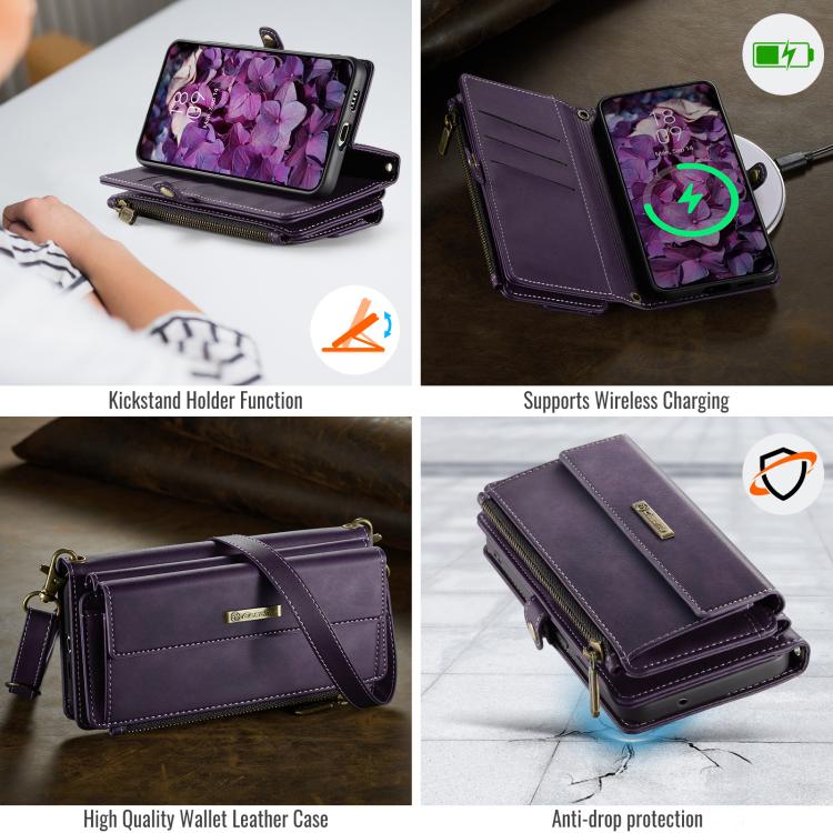For Samsung Galaxy S21 FE 5G CaseMe C39 RFID Blocking Zipper Wallet Leather Phone Case with Crossbody Strap