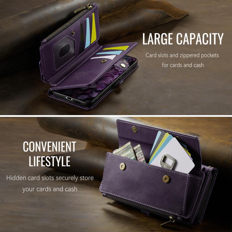 For Samsung Galaxy S21 FE 5G CaseMe C39 RFID Blocking Zipper Wallet Leather Phone Case with Crossbody Strap