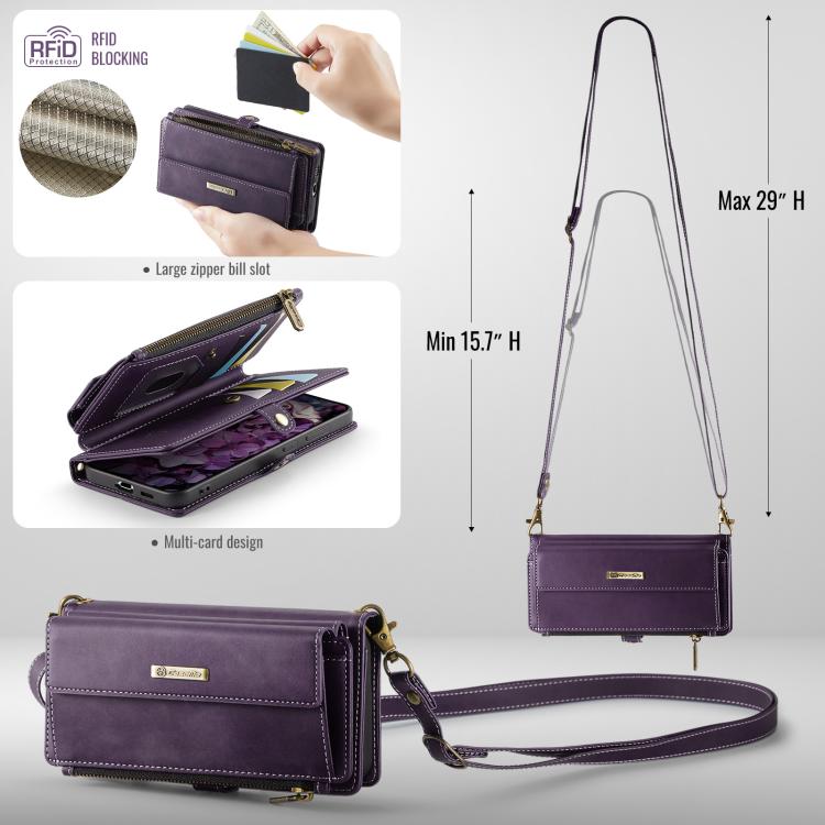 For Samsung Galaxy S21 FE 5G CaseMe C39 RFID Blocking Zipper Wallet Leather Phone Case with Crossbody Strap