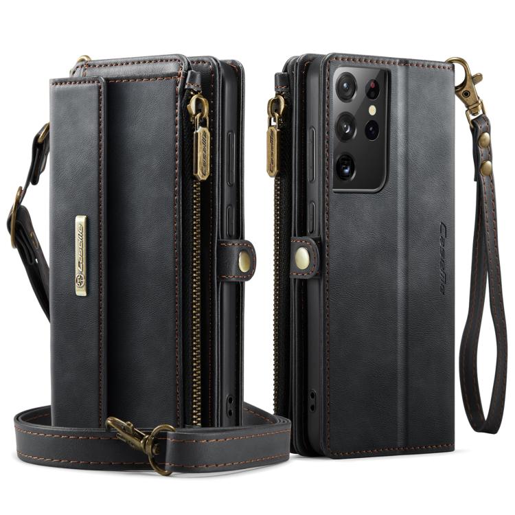 For Samsung Galaxy S21 Ultra 5G CaseMe C39 RFID Blocking Zipper Wallet Leather Phone Case with Crossbody Strap