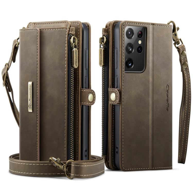 For Samsung Galaxy S21 Ultra 5G CaseMe C39 RFID Blocking Zipper Wallet Leather Phone Case with Crossbody Strap