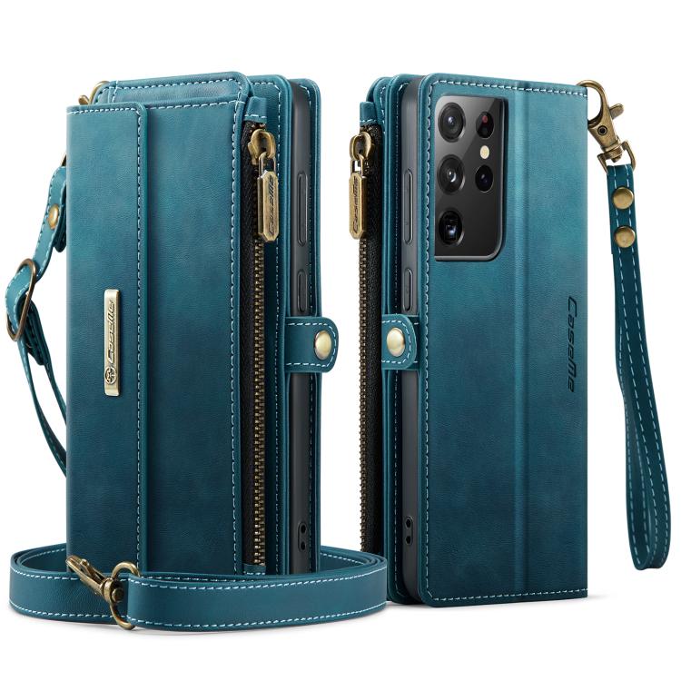 For Samsung Galaxy S21 Ultra 5G CaseMe C39 RFID Blocking Zipper Wallet Leather Phone Case with Crossbody Strap