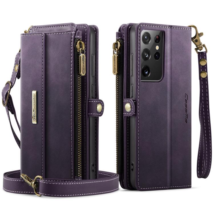 For Samsung Galaxy S21 Ultra 5G CaseMe C39 RFID Blocking Zipper Wallet Leather Phone Case with Crossbody Strap
